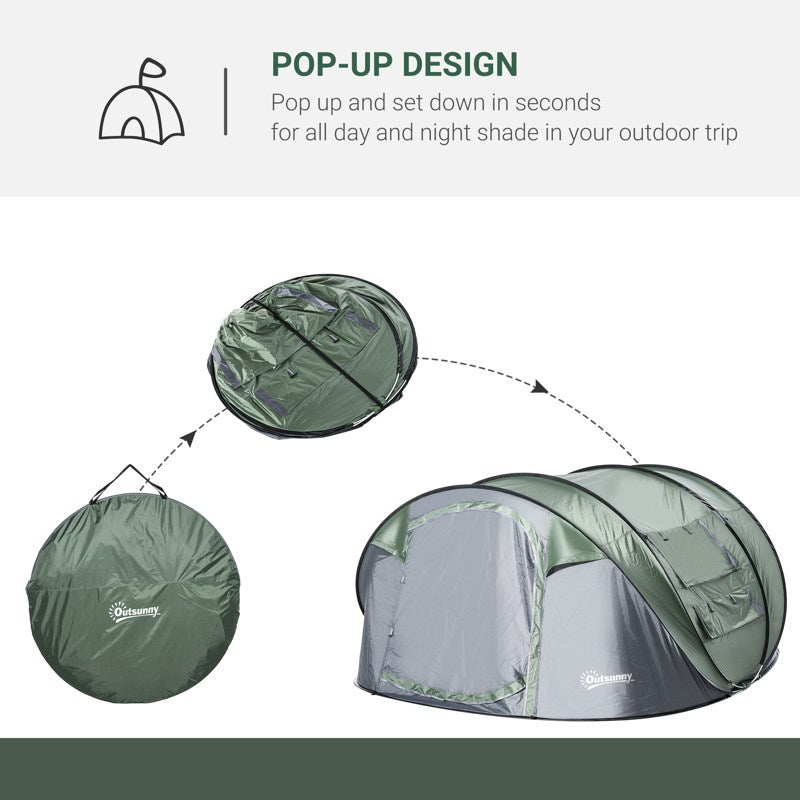 Outsunny 4-5 Person Pop-up Camping Tent Family Tent w/ 2 Mesh Windows & PVC Windows Portable Carry Bag for Outdoor Trip, Dark Green