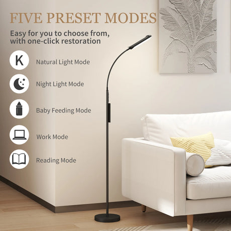 HOMCOM LED Floor Lamp, Standing Lamp with Remote & Touch Control, Stepless Dimmable Colours Temperature & Brightness, 360 Adjustable Gooseneck, 1 Hour Timer, Memory Function for Living Room, Black