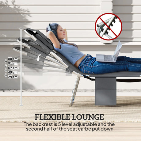 Outsunny 5-Position Adjustable Sun Loungers Set of 2 with Reading Hole and Side Pocket, Dark Grey