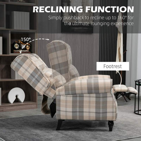 HOMCOM Wingback Recliner Armchair for Living Room, Pushback Reclining Chair with Round Armrests, Footrest and Rubber Wood Legs, Khaki