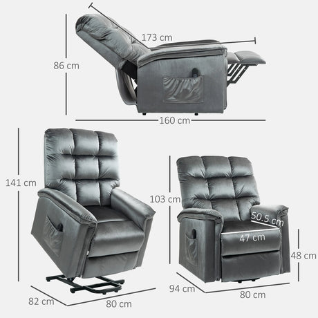 HOMCOM Velvet-Feel Electric Lift Recliner Chair - Dark Grey