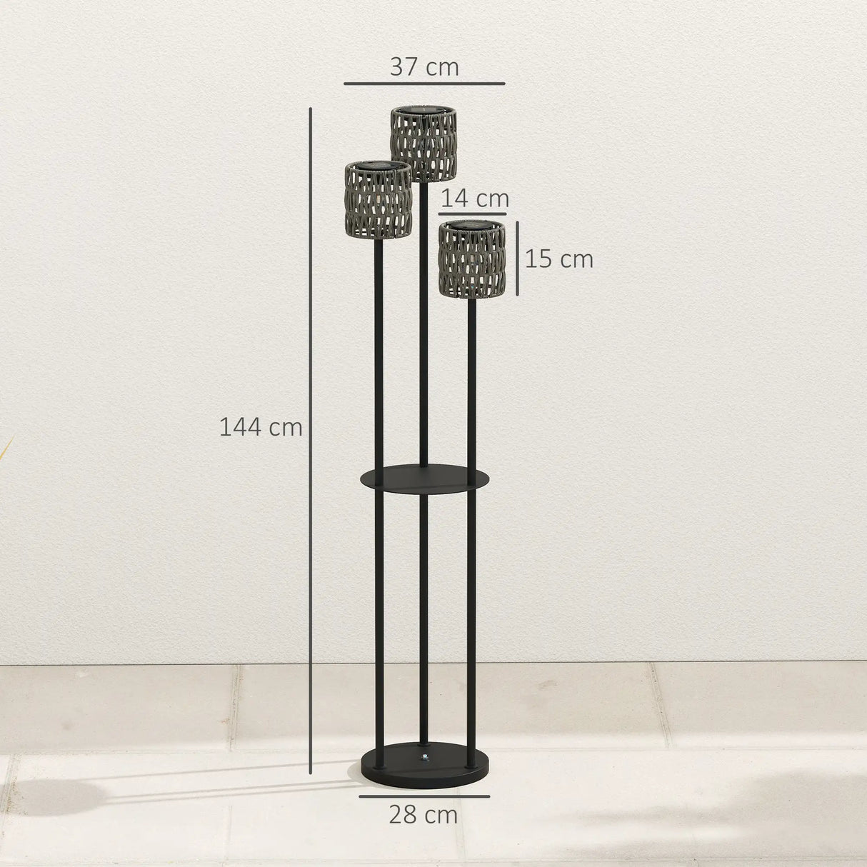 Outsunny Boho Rattan Floor Lamp, 3-Lights Rattan Lamp with Shelf, Freestanding Solar Garden Light with Auto On/Off Lights, Grey