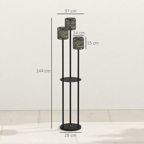 Outsunny Boho Rattan Floor Lamp, 3-Lights Rattan Lamp with Shelf, Freestanding Solar Garden Light with Auto On/Off Lights, Grey