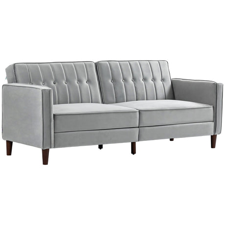 HOMCOM Modern Convertible Sofa Futon Velvet-Touch Tufted Couch Compact Loveseat with Adjustable Split Back, Light Grey