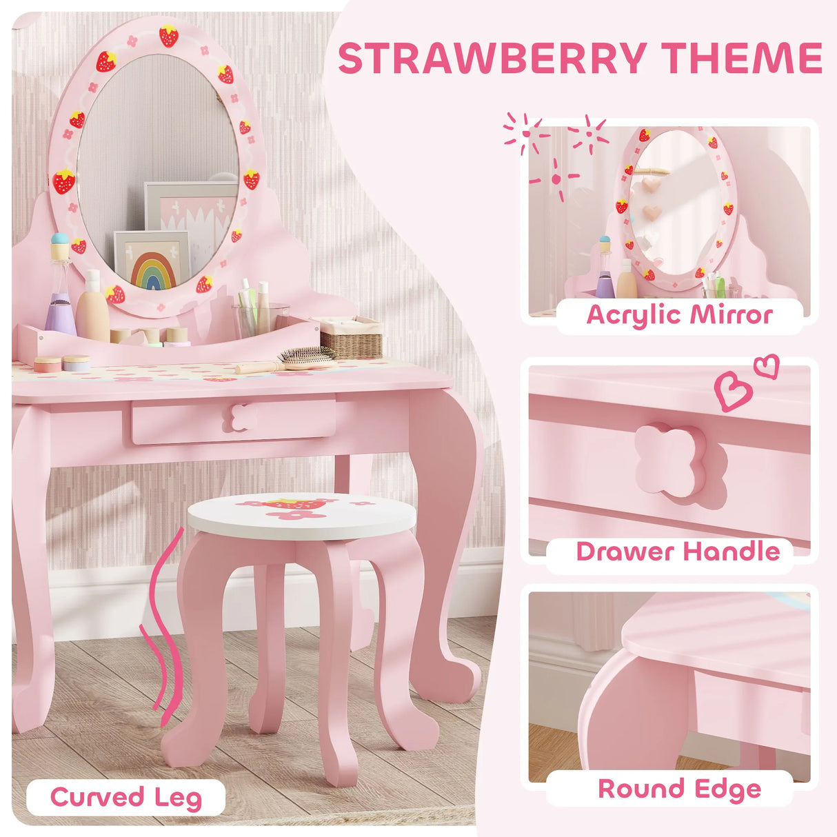 AIYAPLAY Kids Dressing Table Set, Vanity Table with Stool, Mirror, Drawer, Desktop, Storage, Strawberry-Theme, Pink