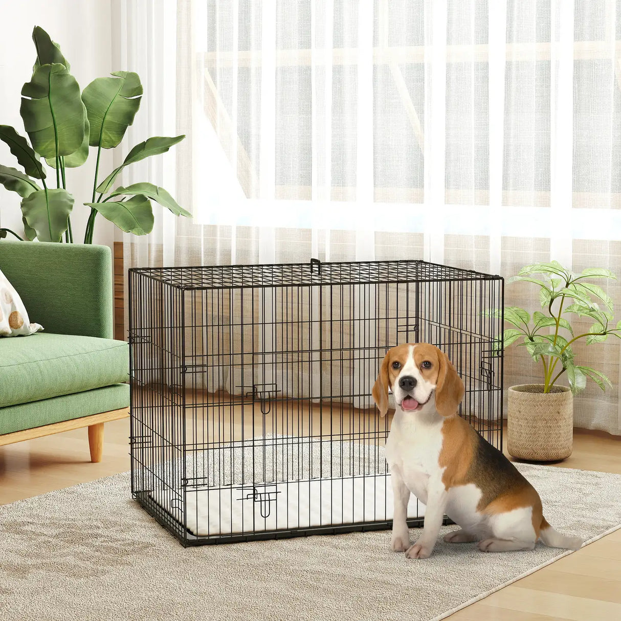 PawHut Foldable Dog Crate with 2 Doors with Tray, Soft Cushion, for Large Medium Dogs, 90 x 58 x 62, Black
