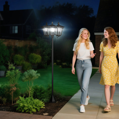 Outsunny 1.8m Traditional Victorian Style 3 Way Head Outdoor Garden Solar Post Lamp Sensor Dimmable LED Lantern Bollard Pathway IP44  Black