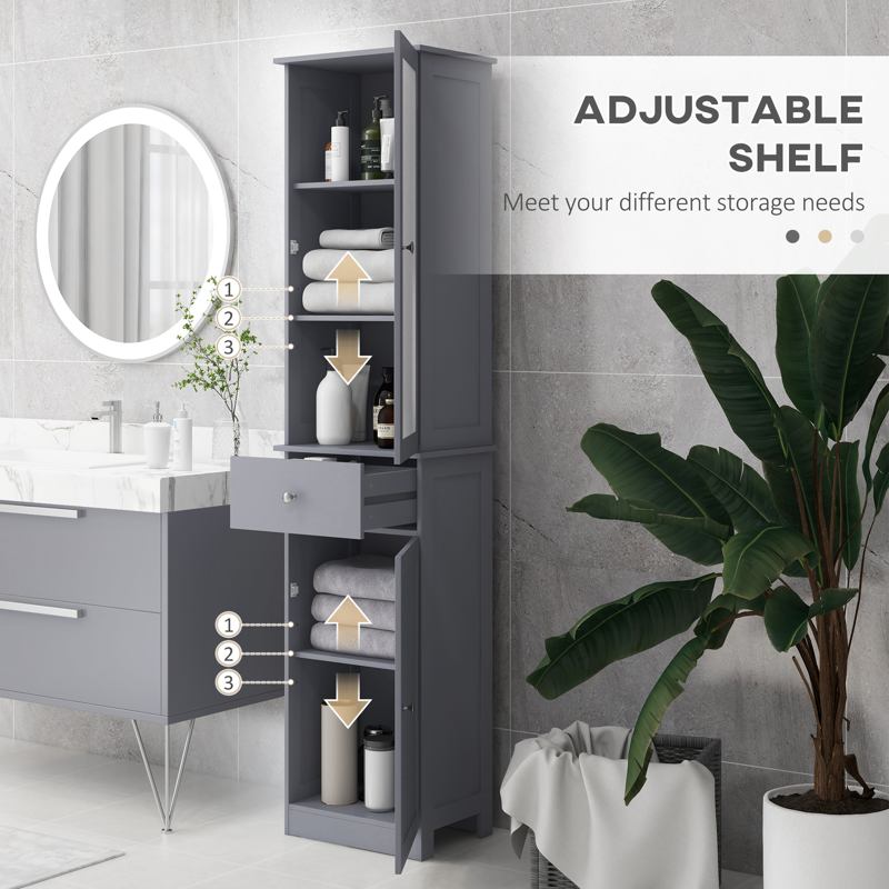 kleankin Bathroom Storage Cabinet with 3-tier Shelf Drawer Door, Floor Cabinet Free Standing Tall Slim Side Organizer Shelves, Grey