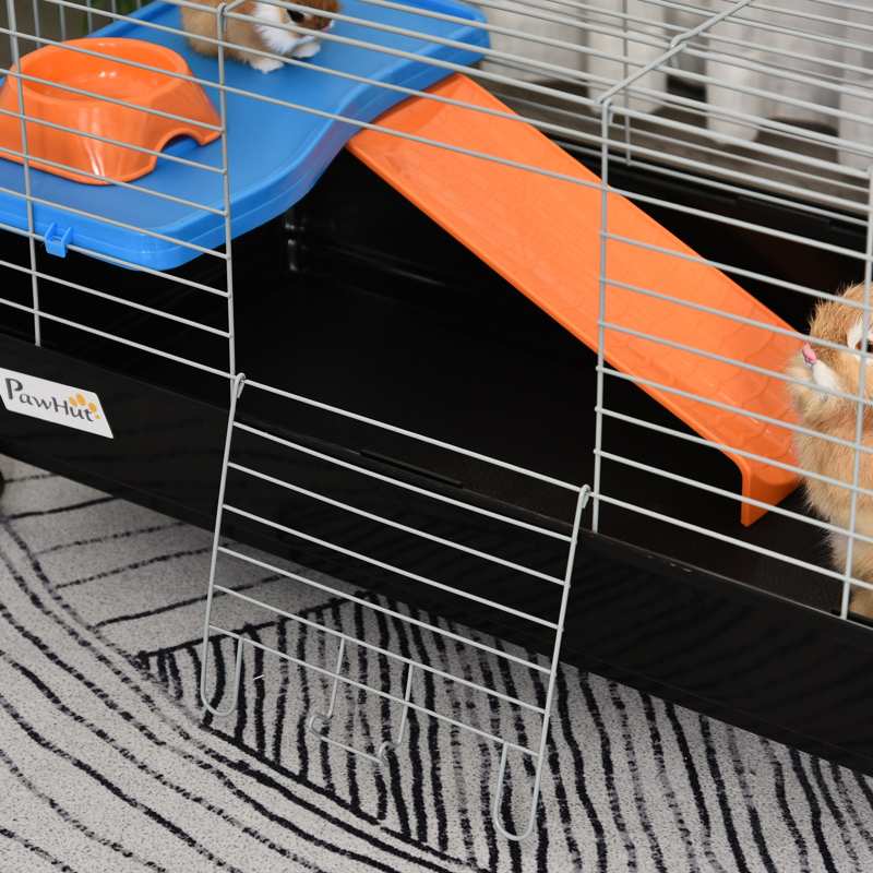 PawHut Small Animal Cage Rabbit Guinea Pigs Chinchillas Cage w/ Wheels Water Bottle Food Dish Platform Ramp 89 x 44 x 43 cm Black