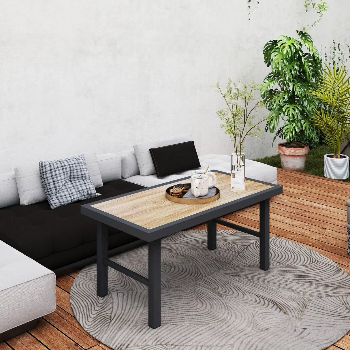 Outsunny Metal Garden Coffee Table, Outdoor Side Table with SPC Woodgrain Tabletop for Outside, Garden, Balcony, Porch, 100 x 53 x 46cm, Brown