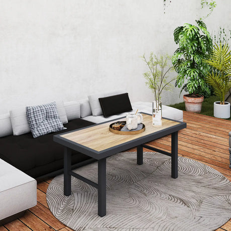 Outsunny Metal Garden Coffee Table, Outdoor Side Table with SPC Woodgrain Tabletop for Outside, Garden, Balcony, Porch, 100 x 53 x 46cm, Brown