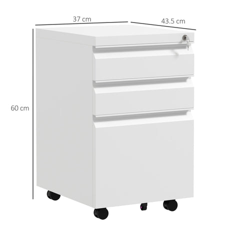 Vinsetto 3-Drawer Filing Cabinet with Lock, Mobile Steel File Cabinet for A4, Legal and Letter Size, Under Desk Drawers with Pre-Assembled Body for Home Office, 37 x 43.5 x 60 cm, White