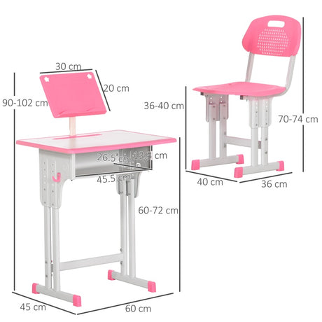 HOMCOM Kids Adjustable Desk and Chair Set, Book Stand, Pen Slot - Pink