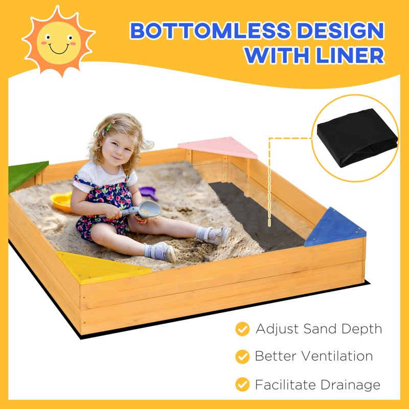 Outsunny Kids Wooden Sand Pit, Children Sandbox, with Four Seats, Non-Woven Fabric, for Gardens, Playgrounds