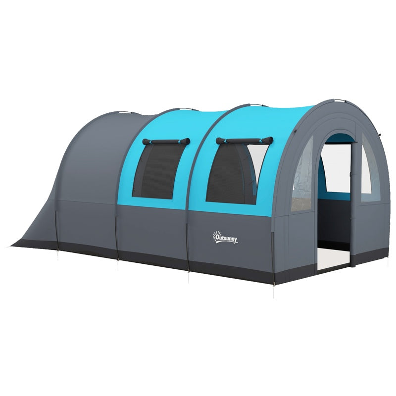 Outsunny Six Man Duo Room Tunnel Tent, with Accessories - Grey/Blue