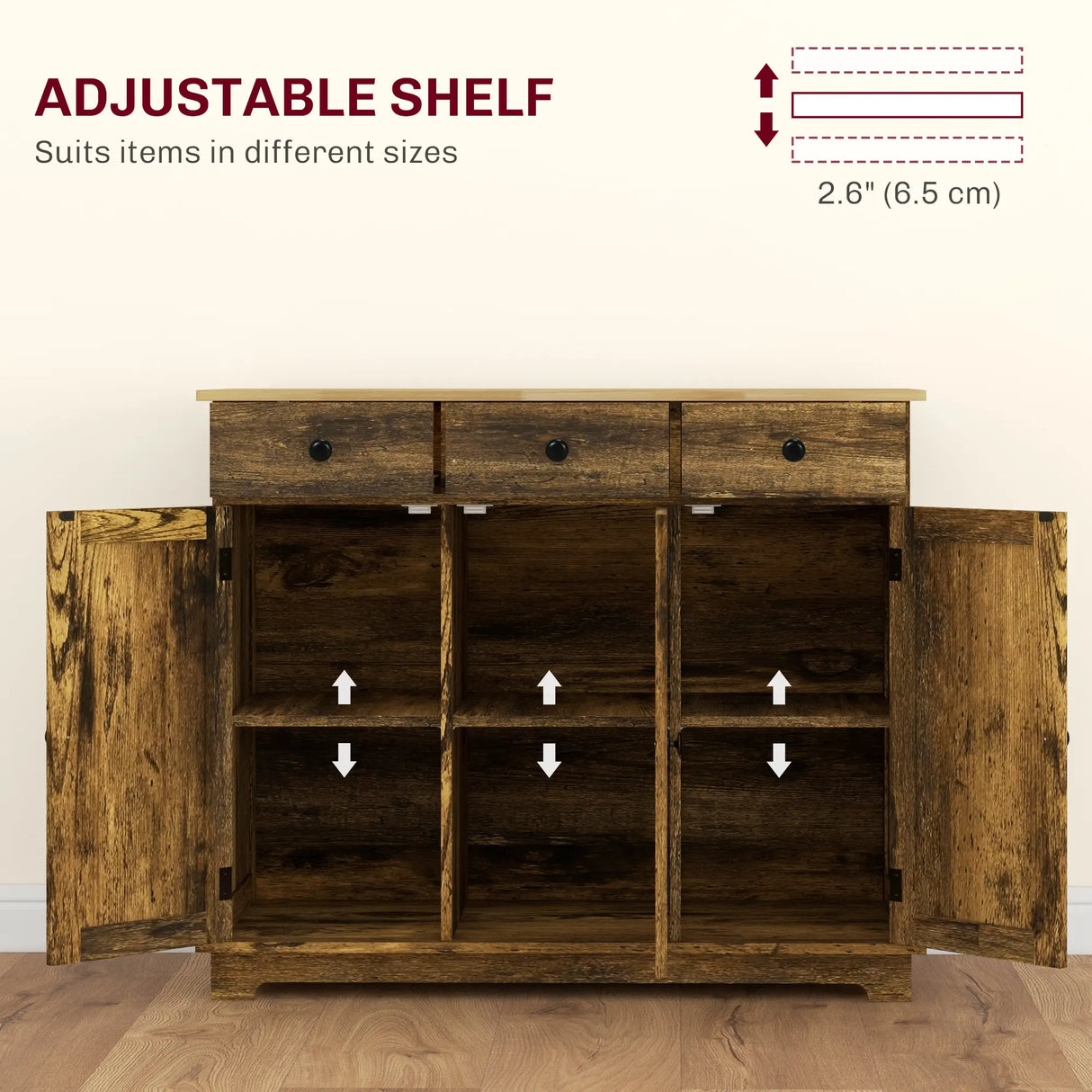 HOMCOM Sideboard with Rubberwood Top and Adjustable Shelves for Dining Room, Kitchen - Rustic Brown