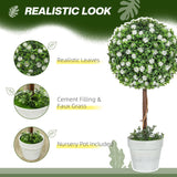 HOMCOM Set of 2 Decorative Artificial Plants, Ball Topiary Tree with Rose Flower in Pot, Fake Plants for Home Indoor Outdoor Decor, 60cm, White