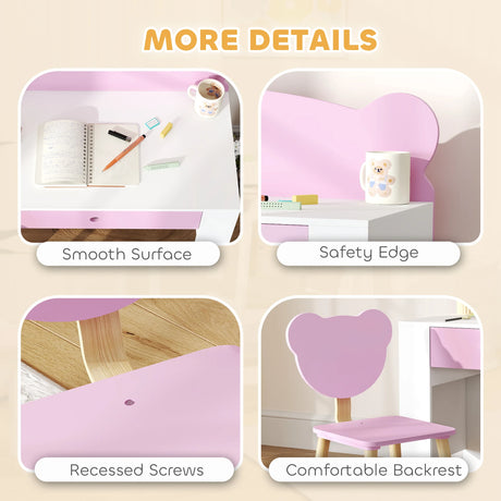 AIYAPLAY Kids Desk and Chair Set with Drawer for Drawing, Reading, Bear Theme Children Furniture for Bedroom, Daycare, Pink