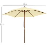 Outsunny 2.5m Wood Garden Parasol Sun Shade Patio Outdoor Wooden Umbrella Canopy, Table Market Umbrella with Vent, 38mm Pole, Rope Pulley Mechanism, Cream White