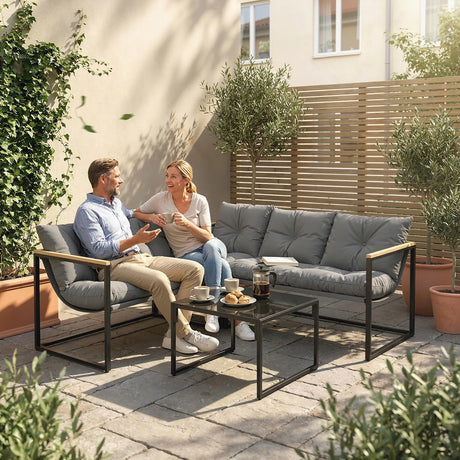 Outsunny 4 Piece Garden Furniture Set with Thick Cushions and Coffee Table, Patio Conversation Set for Porch, Balcony, Deck, Grey