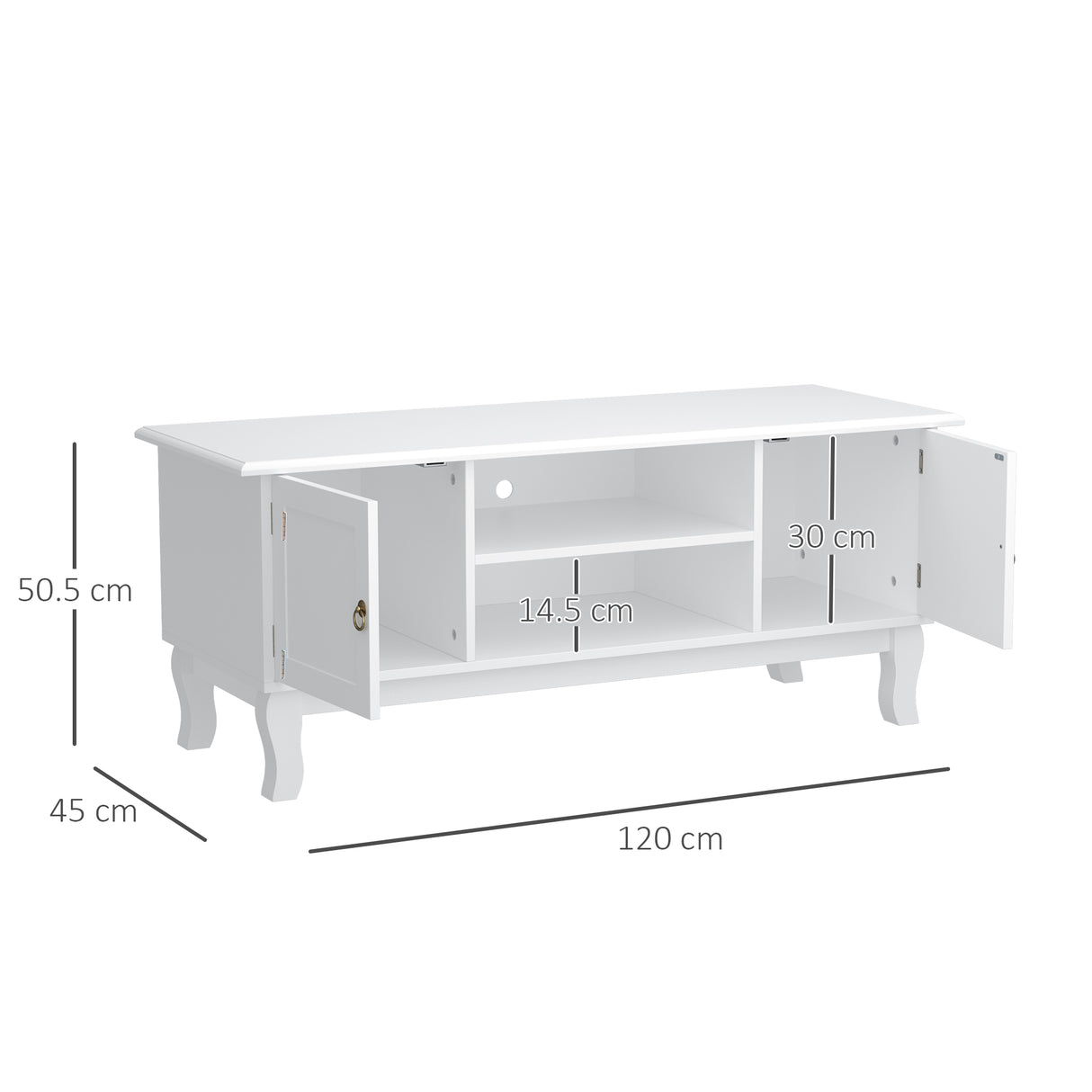 HOMCOM TV Unit up to 55", 2 Doors TV Cabinet with Open Storage Shelves and Cable Management for Living Room, Bedroom, Entertainment Room, 120L x 45W x 50.5H, White