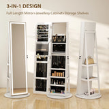 HOMCOM 360 Swivel Mirror Jewellery Cabinet with 3 Colour LED Lights, Lockable Jewellery Organiser, Free Standing Full Length Mirror with Storage for Earrings, Necklaces, Rings and Lipsticks, White