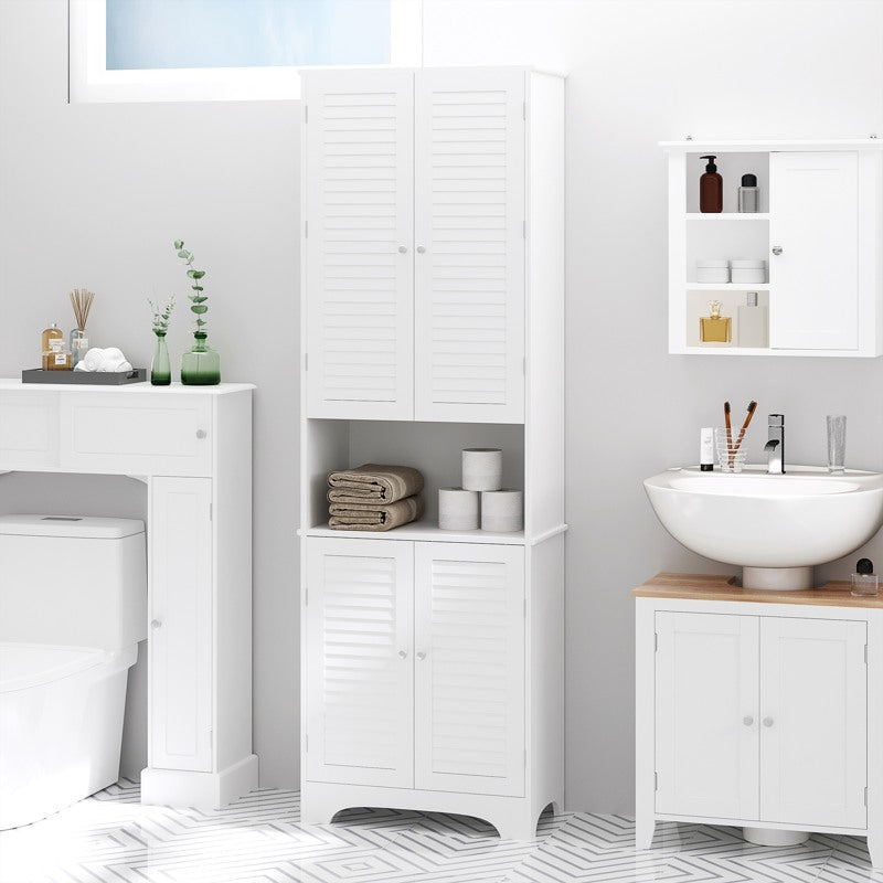 HOMCOM Tall Freestanding Bathroom Cabinet Retro Shutters w/ 3 Compartments Shelves Elevated Base Narrow Organiser White 60L x 30W x 182.5H cm