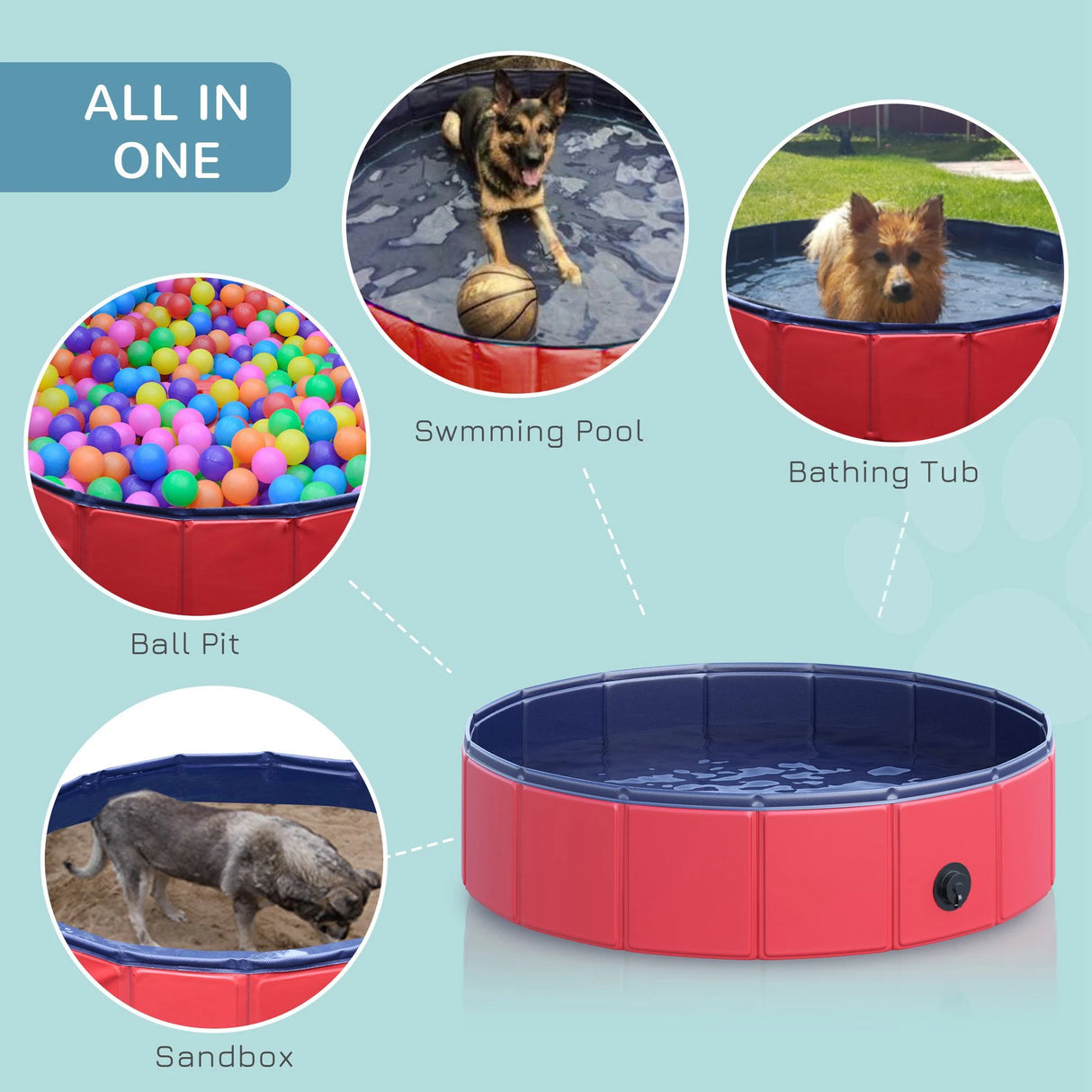 PawHut Foldable Dog Pool, 80 x 20 cm Pet Paddling Pool with Wood Board Support and Anti-Slip Bottom, Portable Doggy Paddling Pool for Garden and Outdoor Use, Red