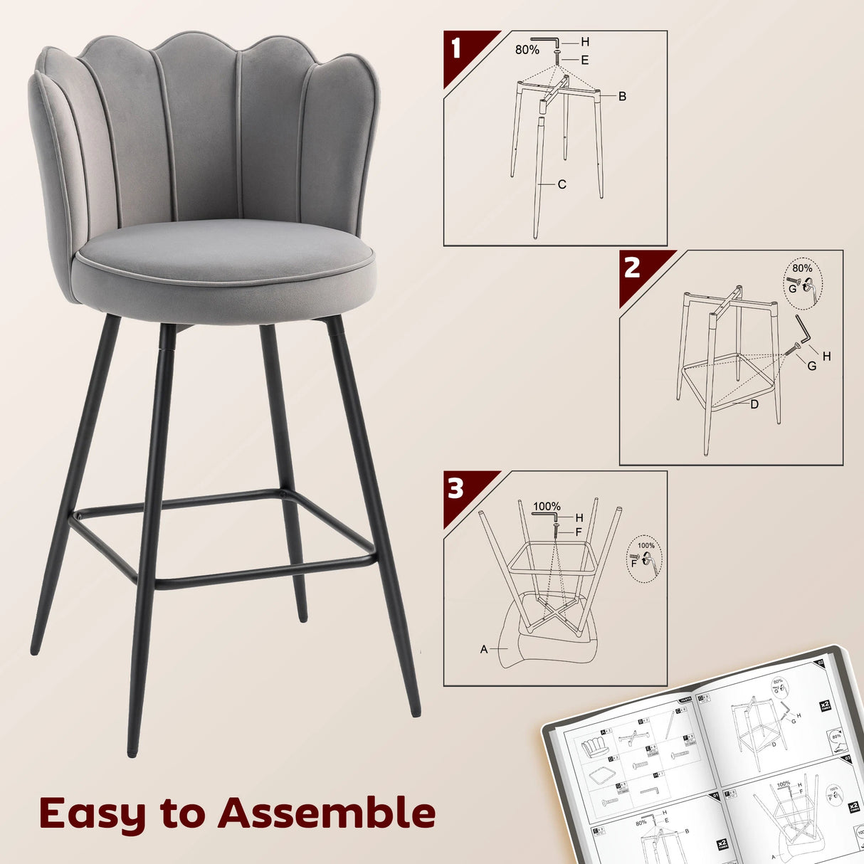 HOMCOM Set of Two Velvet-Feel Lotus Bar Stools - Grey