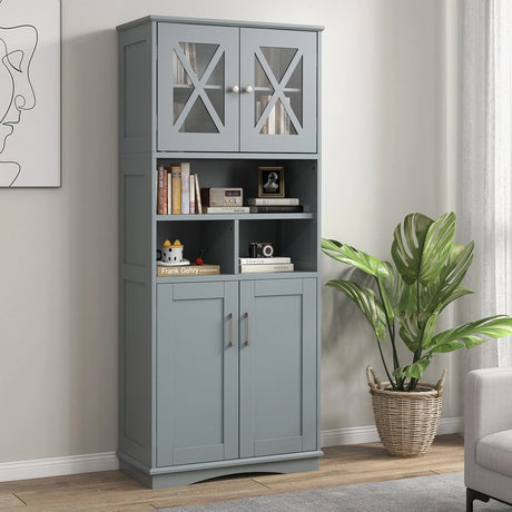 Tall Bathroom Cabinet with Acrylic Doors and Adjustable Shelves-Grey