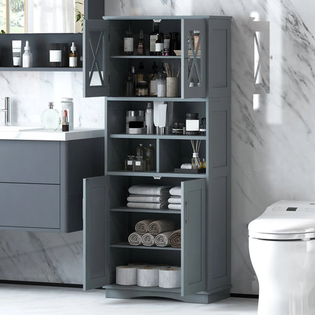 Tall Bathroom Cabinet with Acrylic Doors and Adjustable Shelves-Grey