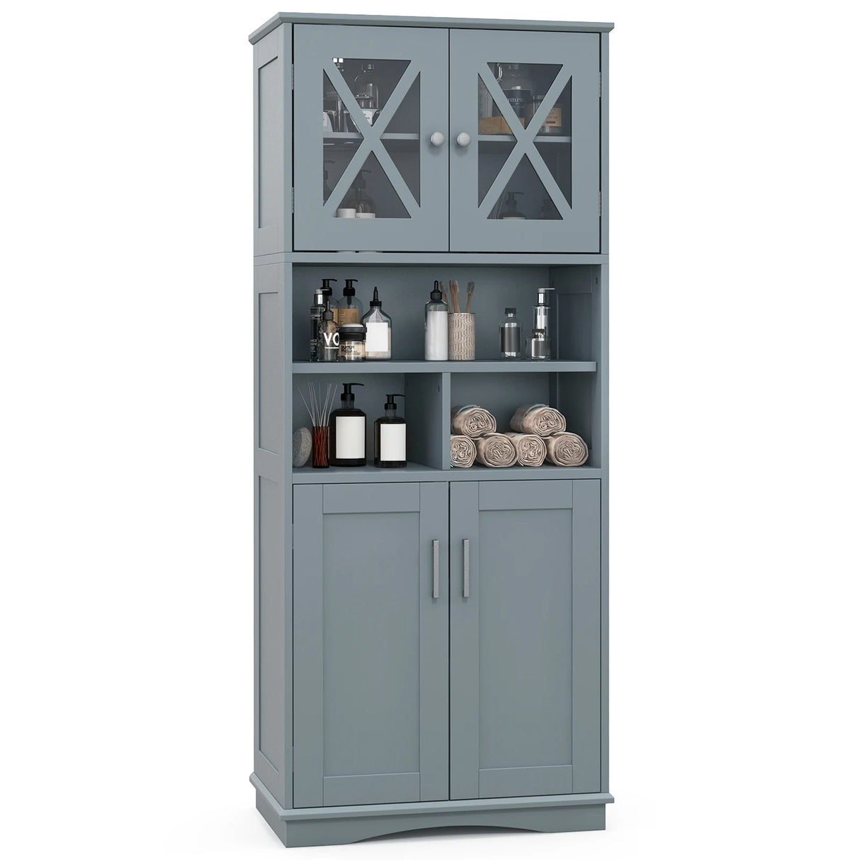 Tall Bathroom Cabinet with Acrylic Doors and Adjustable Shelves-Grey
