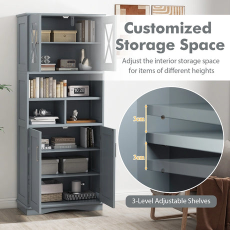 Tall Bathroom Cabinet with Acrylic Doors and Adjustable Shelves-Grey