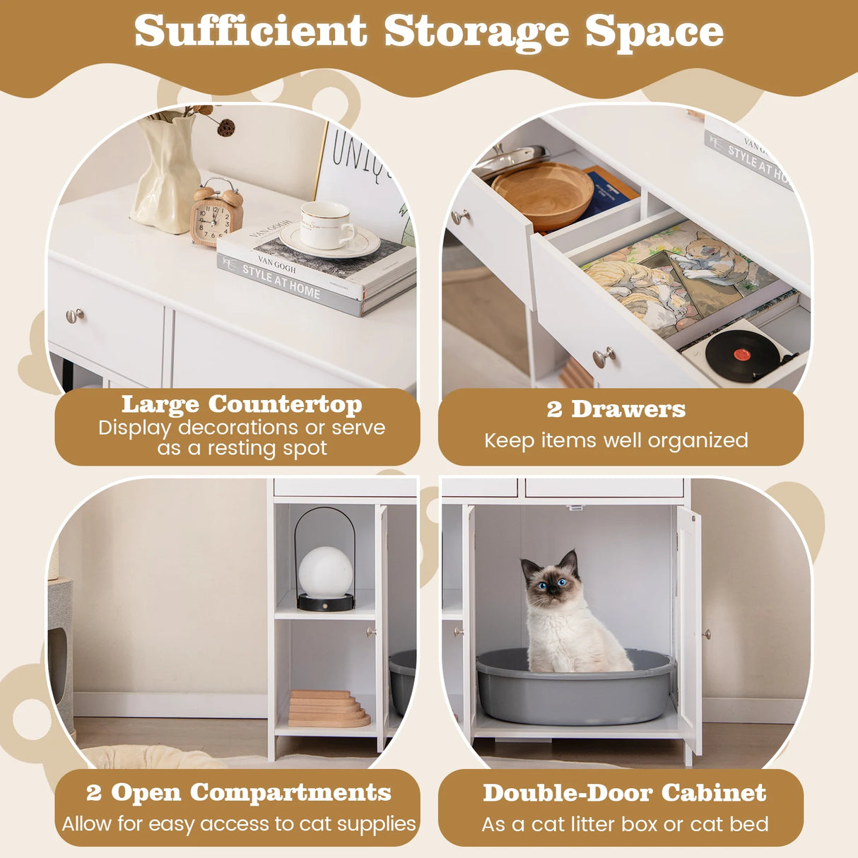Litter Box Hidden Cat Washroom Side Cabinet Wooden Pet House-White