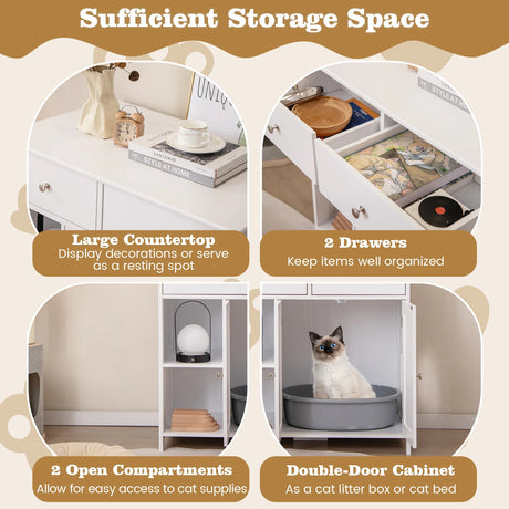 Litter Box Hidden Cat Washroom Side Cabinet Wooden Pet House-White