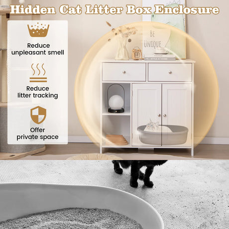 Litter Box Hidden Cat Washroom Side Cabinet Wooden Pet House-White