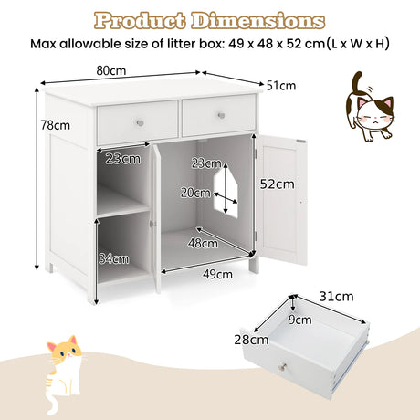 Litter Box Hidden Cat Washroom Side Cabinet Wooden Pet House-White