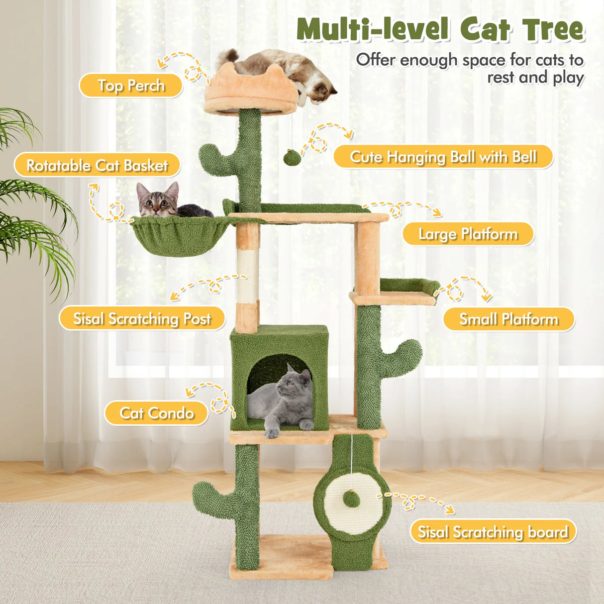 63 Inch Cactus Cat Tree with Sisal Scratching Posts and Board for Indoor Cats