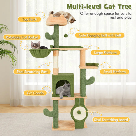 63 Inch Cactus Cat Tree with Sisal Scratching Posts and Board for Indoor Cats