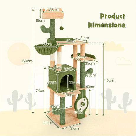 63 Inch Cactus Cat Tree with Sisal Scratching Posts and Board for Indoor Cats
