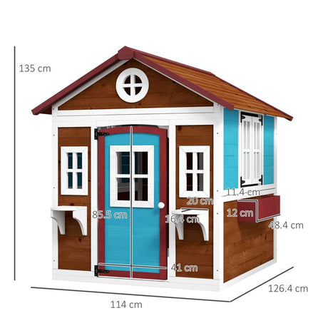 Outsunny Wooden Playhouse with Doors, Windows, Plant Pots, Boxes, for 3-8 Years - Dark Brown