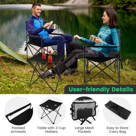 Outdoor Folding Camping Chairs and Table Set with Carrying Bag-Black