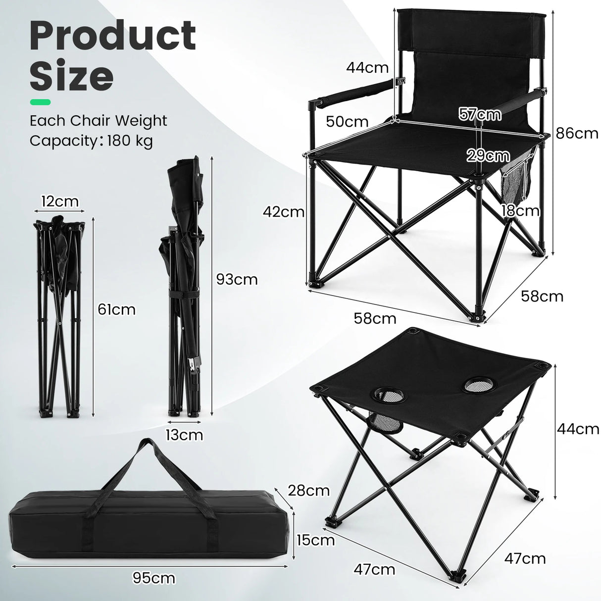 Outdoor Folding Camping Chairs and Table Set with Carrying Bag-Black
