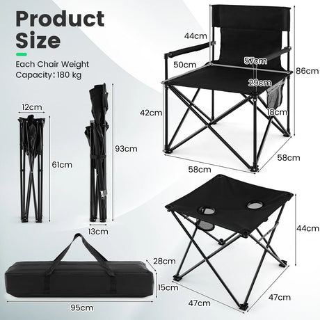 Outdoor Folding Camping Chairs and Table Set with Carrying Bag-Black