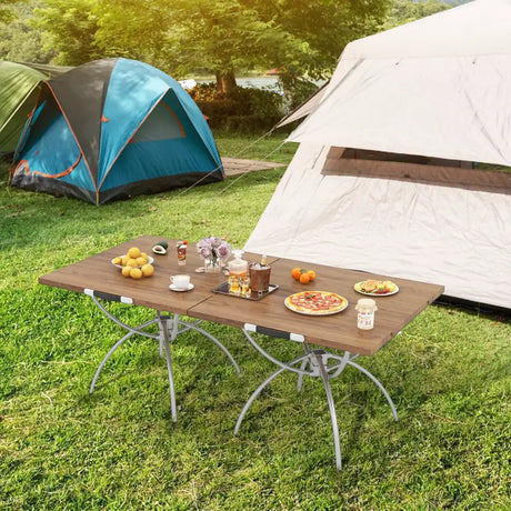 2 Pack Folding Camping Table Extendable Lightweight Picnic Table-Natural