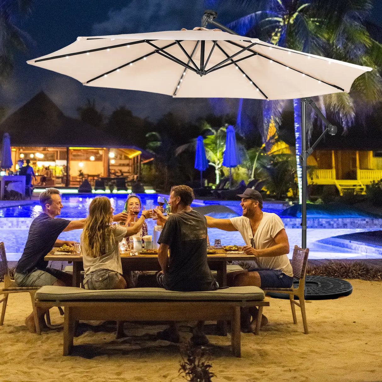 10 Feet Patio Solar Powered Cantilever Umbrella with Tilting System-Beige