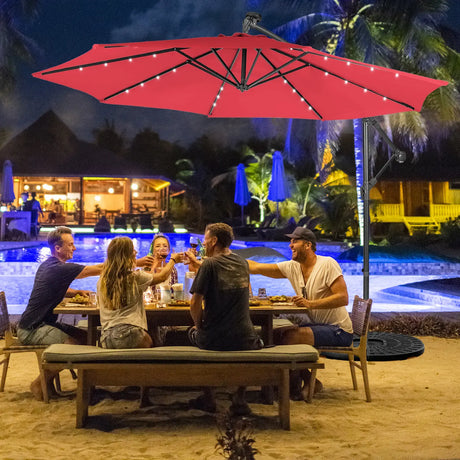 10 Feet Patio Solar Powered Cantilever Umbrella with Tilting System-Wine