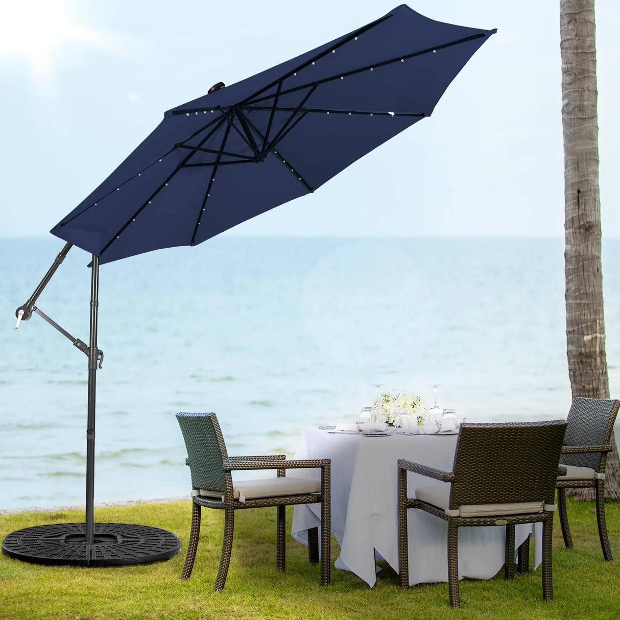 10 Feet Patio Solar Powered Cantilever Umbrella with Tilting System-Navy