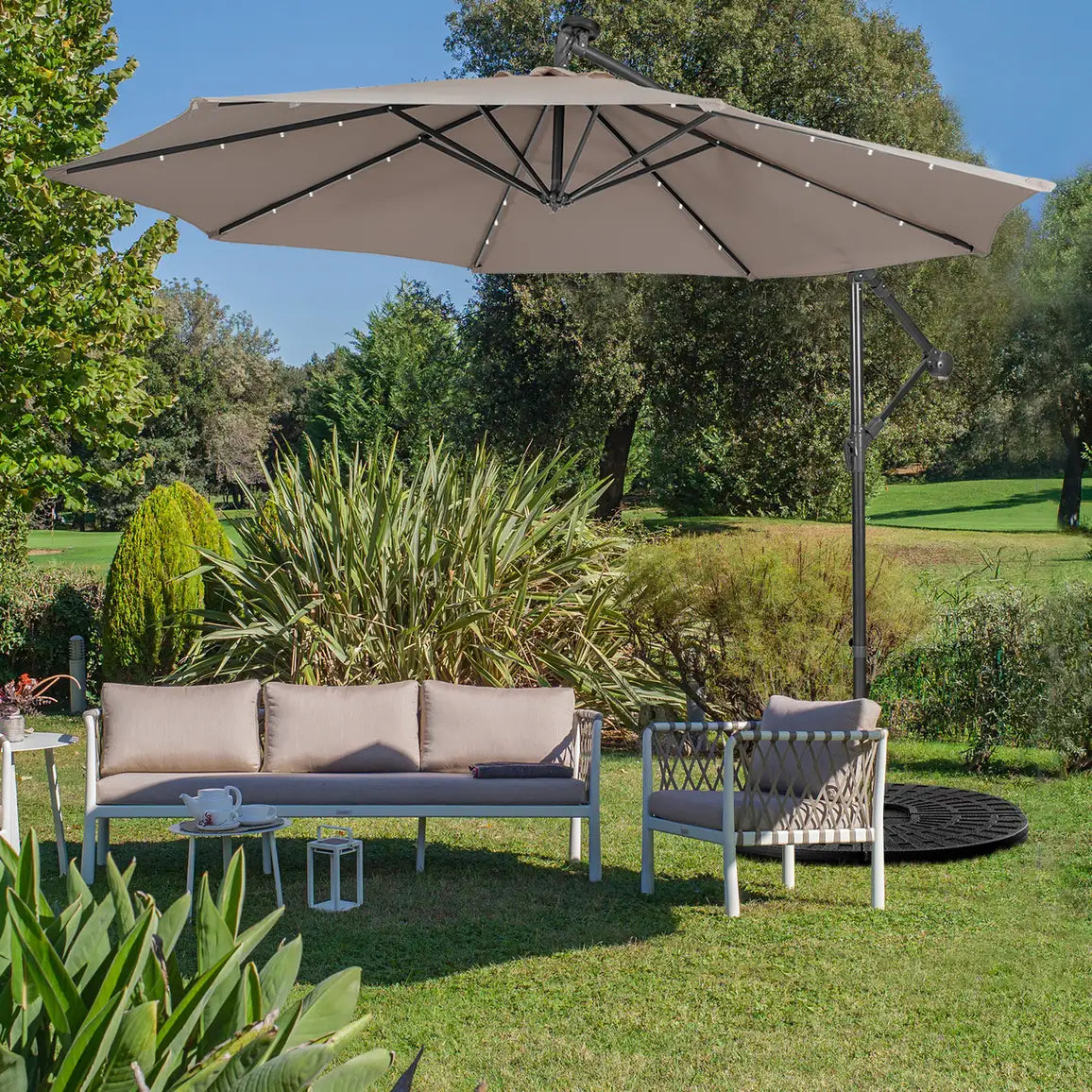10 Feet Patio Solar Powered Cantilever Umbrella with Tilting System-Coffee