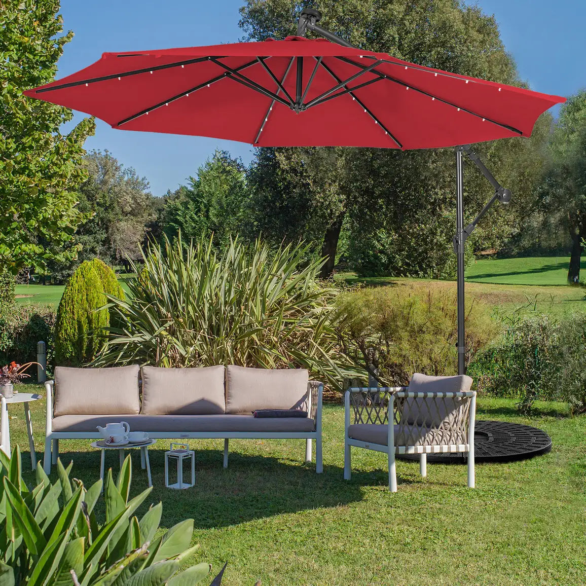 10 Feet Patio Solar Powered Cantilever Umbrella with Tilting System-Wine